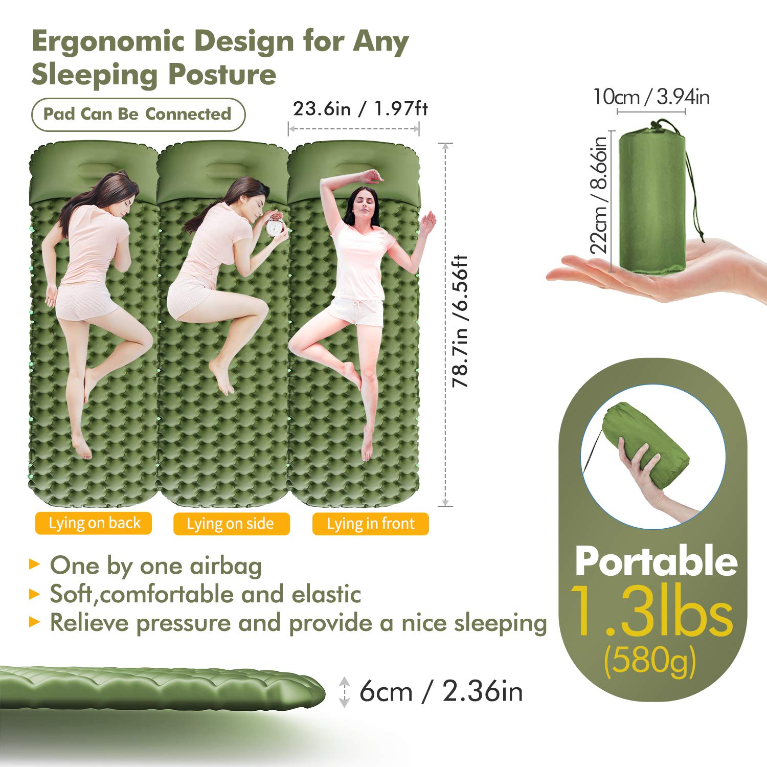 Self-Inflating Camping Pad Comfortable Camp Mat Ultralight Outdoor Foldable Lightweight Air Sleeping Bed with Siamese Innovation Separates Inflatable Pillows for Camping Beach Travelling and Hiking (Green-1pack)