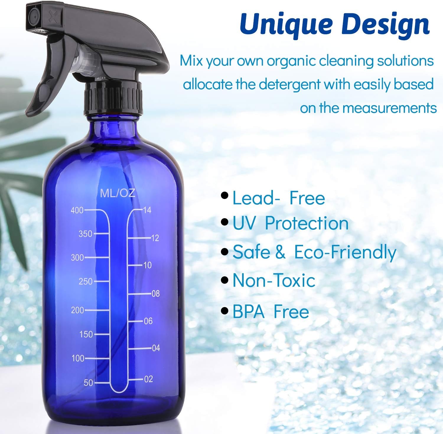 16oz Cobalt Blue Glass Spray Bottles with Measurements - Empty Reusable Refillable Container with Funnel and Labels for Mixing Essential Oils, Homemade Cleaning Products(2 Pack)