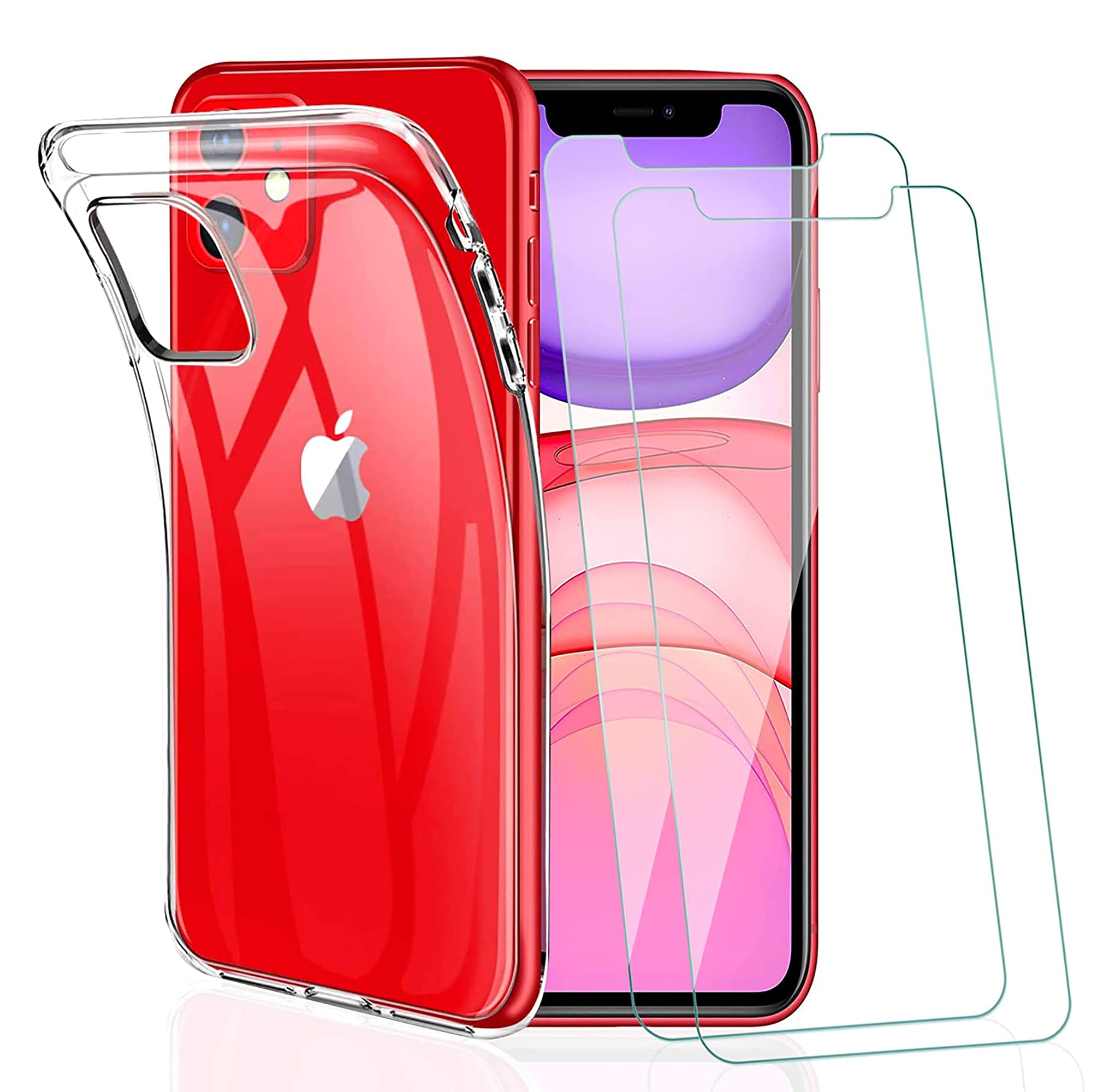 ICOVERI Pack Transparent Gel Case Compatible with iPhone 11 Flexible TPU + 2 Tempered Glasses, 9H Protection