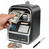 Piggy Bank for Kids Electronic ATM with Password Fingerprint Unlock - Black | Real Money Bank with Music Children Cash Coin Can Christmas Birthday Gifts for 3 4 5 6 7 8 9 10 11 12 Year Old Boys Girls
