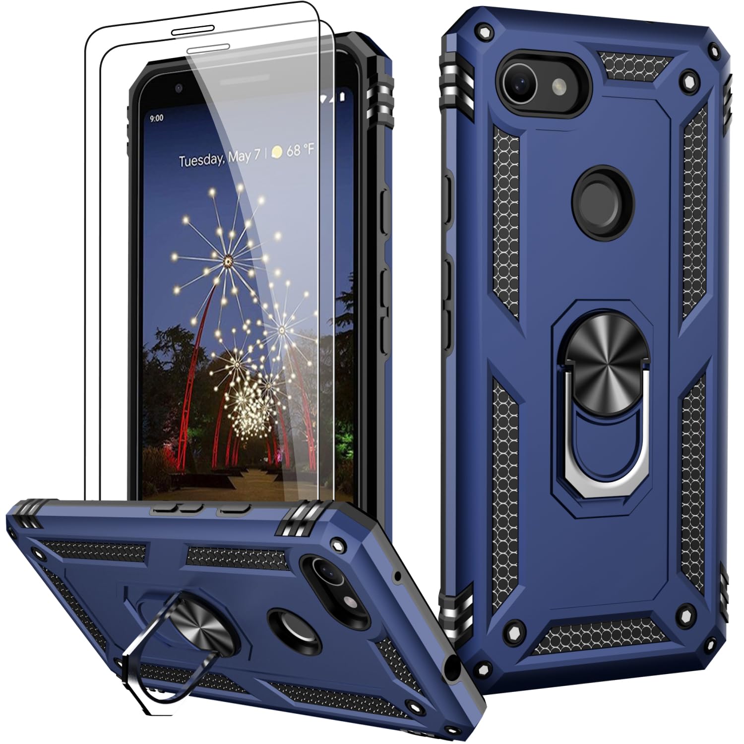 LUMARKE for Google Pixel 3A XL Case with Screen Protector,Pass 16ft. Drop Tested Military Grade Protective Phone Cover with Magnetic Ring Kickstand Compatible with Car Mount Holder Blue