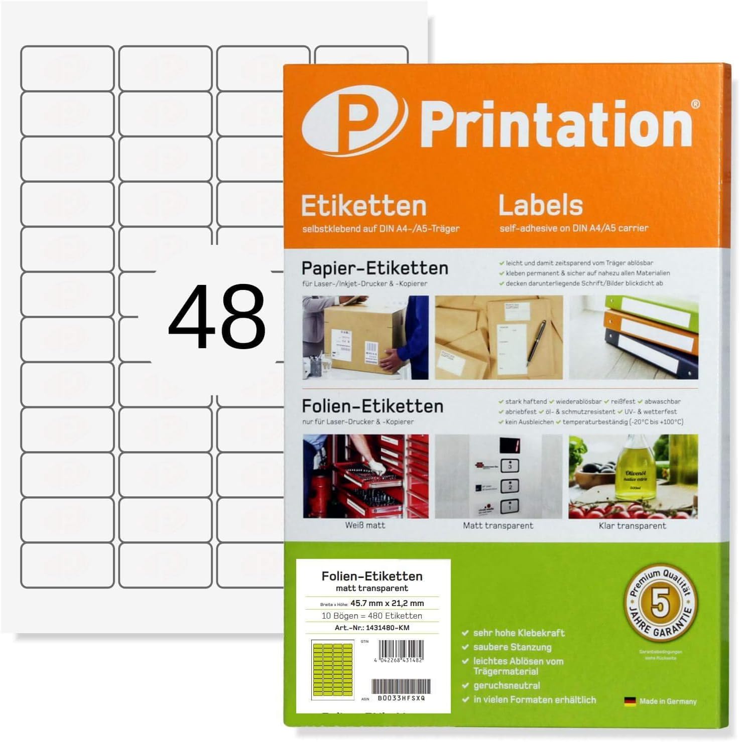 Printation Labels Weatherproof Transparent On A4 4 X 12 Pieces - 480 Labels, 45.7 X 21.2 mm, 4 X 12 Pcs - 480 Labels