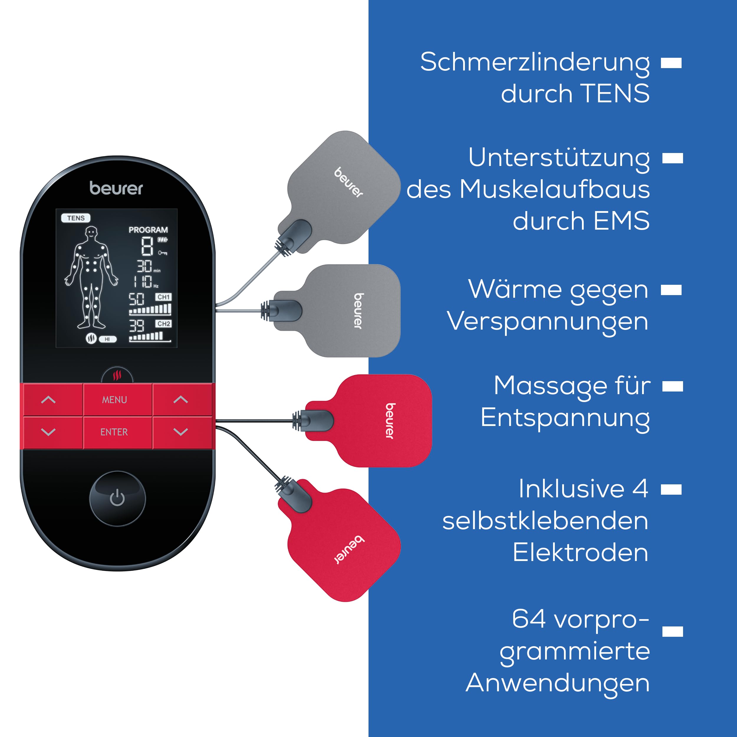 Beurer EM 59 Heat Digital TENS/EMS Device, 4-in-1 Stimulation Current Device for Pain Therapy, Muscle Stimulation, Massage and Heat Therapy, Including 4 Electrodes and Battery
