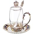 LANTREE Tea Mugs for Women Purple Tea Cups with Lid Spoon Saucer Crown Glass Coffee Mug Mothers Day Gifts Thanksgiving Christmas Gift(12oz Crown)
