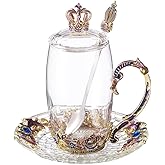LANTREE Tea Mugs for Women Purple Tea Cups with Lid Spoon Saucer Crown Glass Coffee Mug Mothers Day Gifts Thanksgiving Christmas Gift(12oz Crown)
