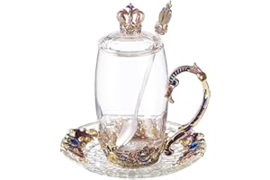 LANTREE Fancy Tea Cup with Saucer Glass Coffee Mug with Lid Christmas Gift for Women Mother's Day Gift(Crown12oz)