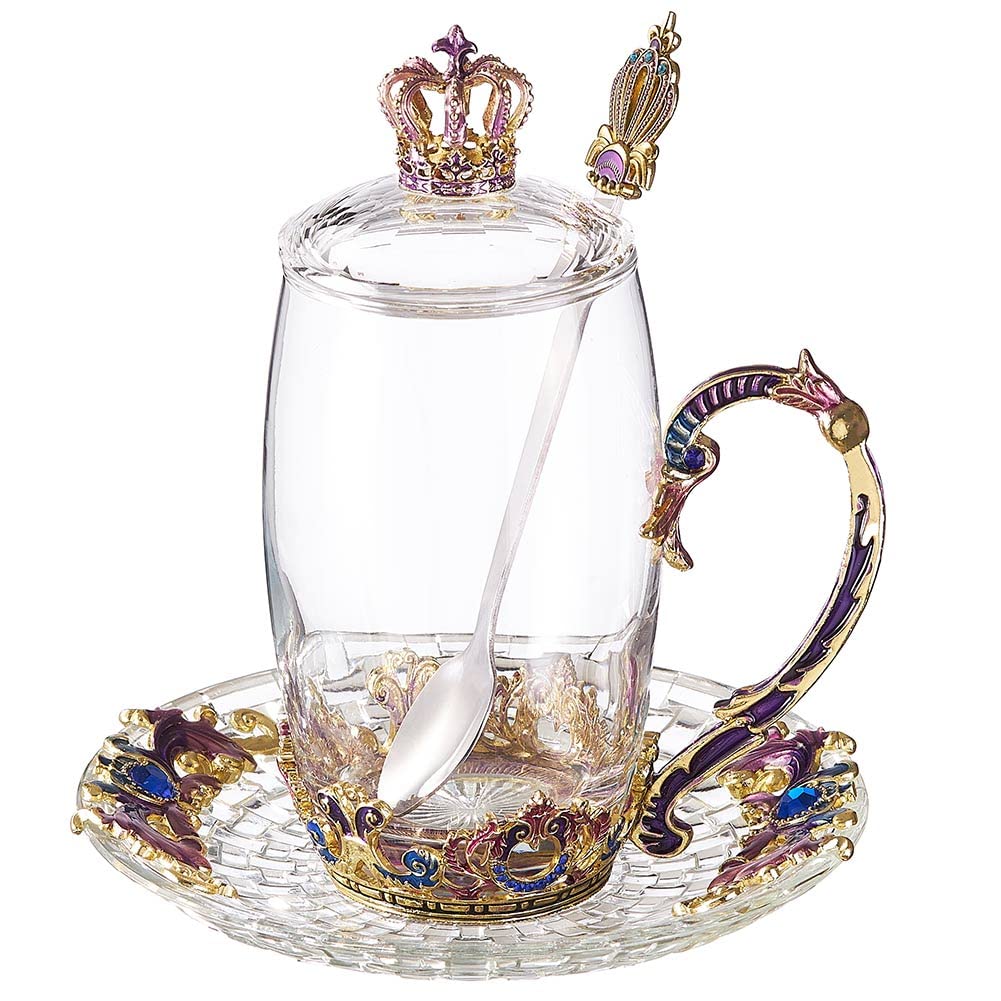 LANTREE Tea Cup with Lid Spoon Saucer Crown Glass Coffee Mug Mothers Day Gifts(350ml Crown)