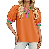 Tankaneo Womens Color Block Puff Sleeve Tops Dressy Casual V Neck Cotton Blouses Summer Loose Fit Tees Shirts