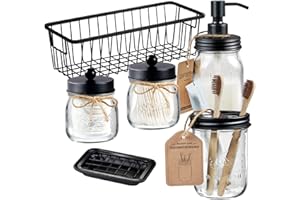 SheeChung 6Pcs Mason Jars Bathroom Accessories Set Complete - Toothbrush Holder, Lotion Soap Dispenser, 2 Mason Jars, Soap Dish, Toilet Paper Basket, Rustic Farmhouse Decor (Black, 6Pcs Bathroom Set)