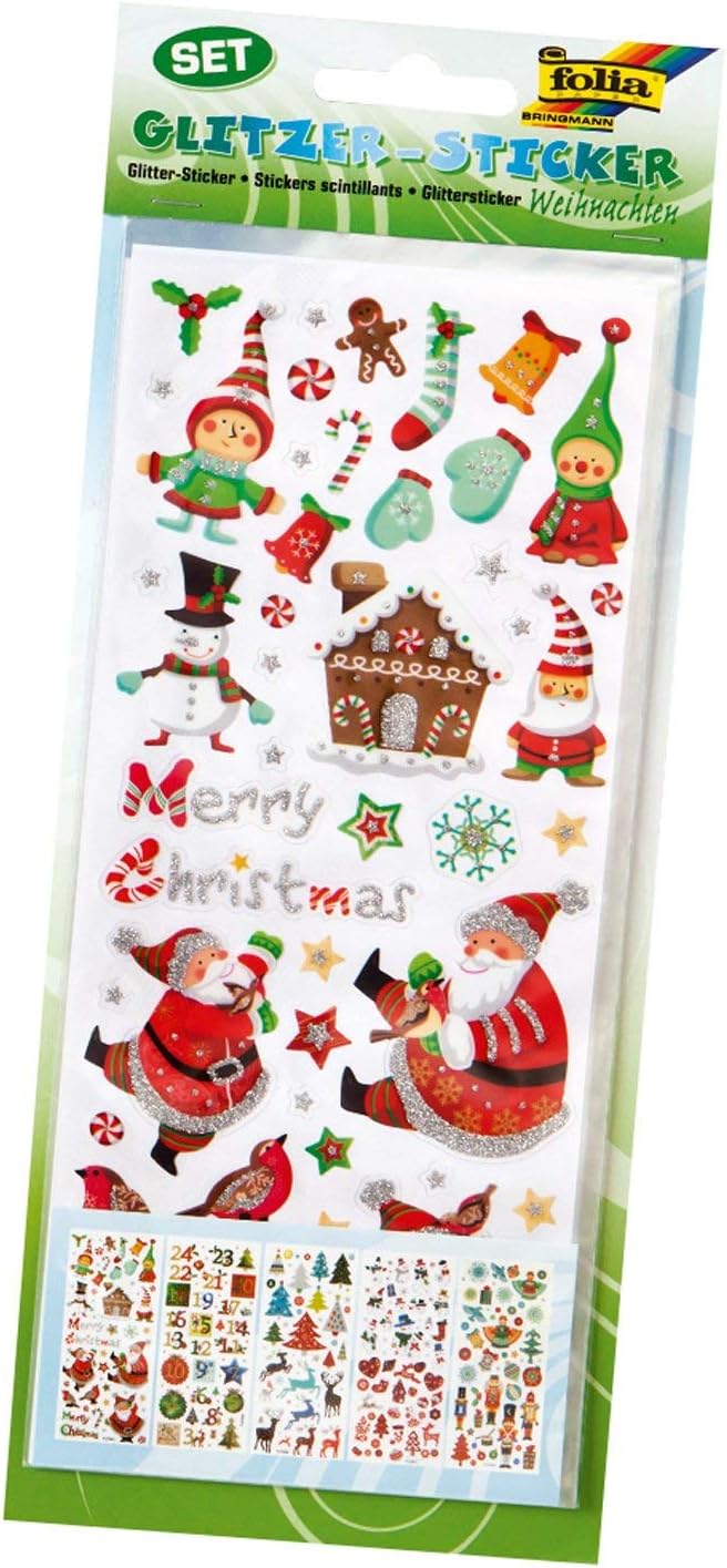Folia 1412 Glitter Sticker Christmas 10 x 23 cm, 5 sheets, Assorted, Mehrfarbig