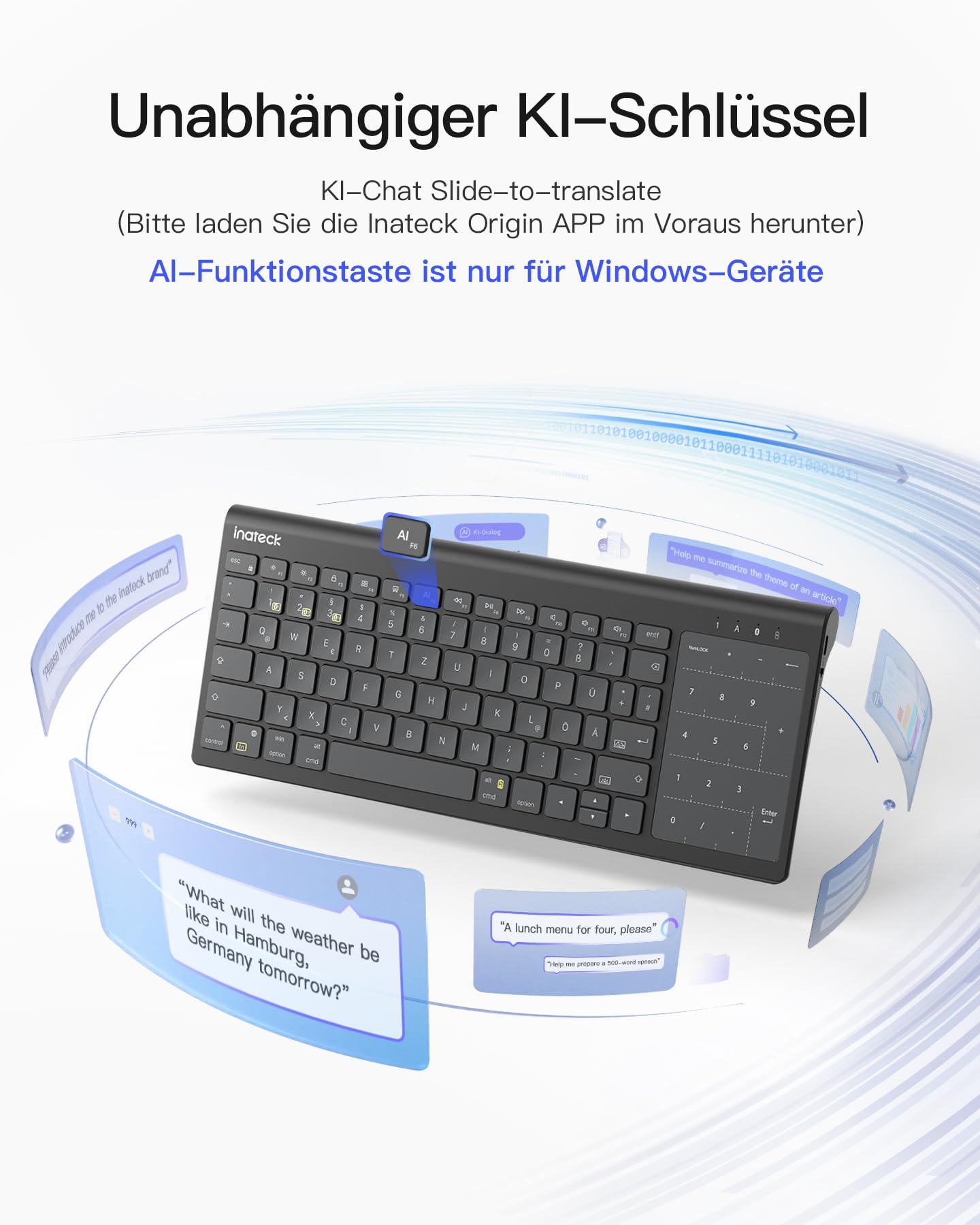 Inateck Tablet Tastatur, 2-IN-1 Ziffernblock&TouchpadVersteckter Ständer, 3 BT-Kanäle, 7-Farben Hintergrundbeleuchtung,Kompatibel mit iPadOS/Samsung/Android/Windows 6