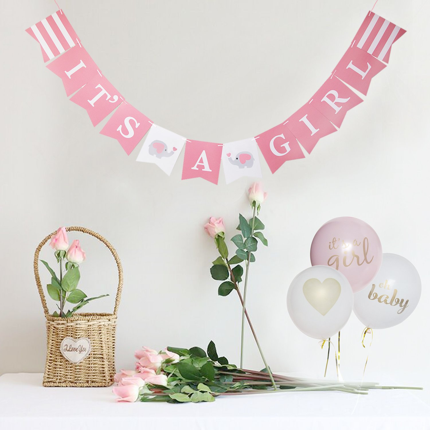 DinoPure IT\'S A Girl Paper Garland Bunting Banner Christening Pink Decorations For Baby Girl Shower Elepant Birthday Party Favors Photo Prop
