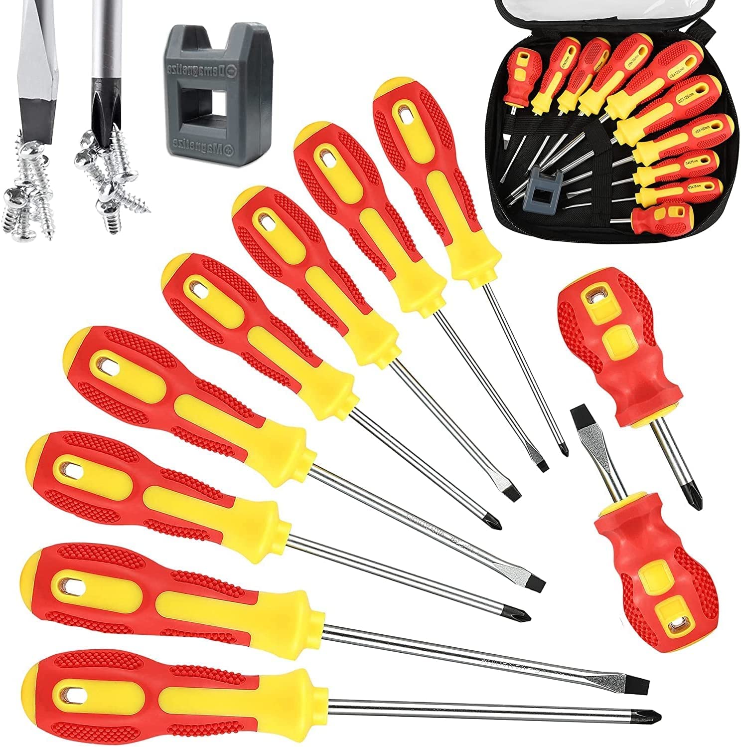 WAIZHIUA 10Pcs Screwdriver Set, Heavy Duty Magnetic Screwdriver with 5 Flat & 5 Cross Head Ergonomic Soft Grip Hand Tools, 5 Size