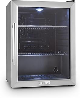 Klarstein Beersafe XL - Minibar, Mini-Kühlschrank, Getränkekühlschrank, leise, 42 dB, Edelstahl, Glastür, 5-stufiger Temperaturregler, 2 Einschübe, 60 Liter, Silber-schwarz