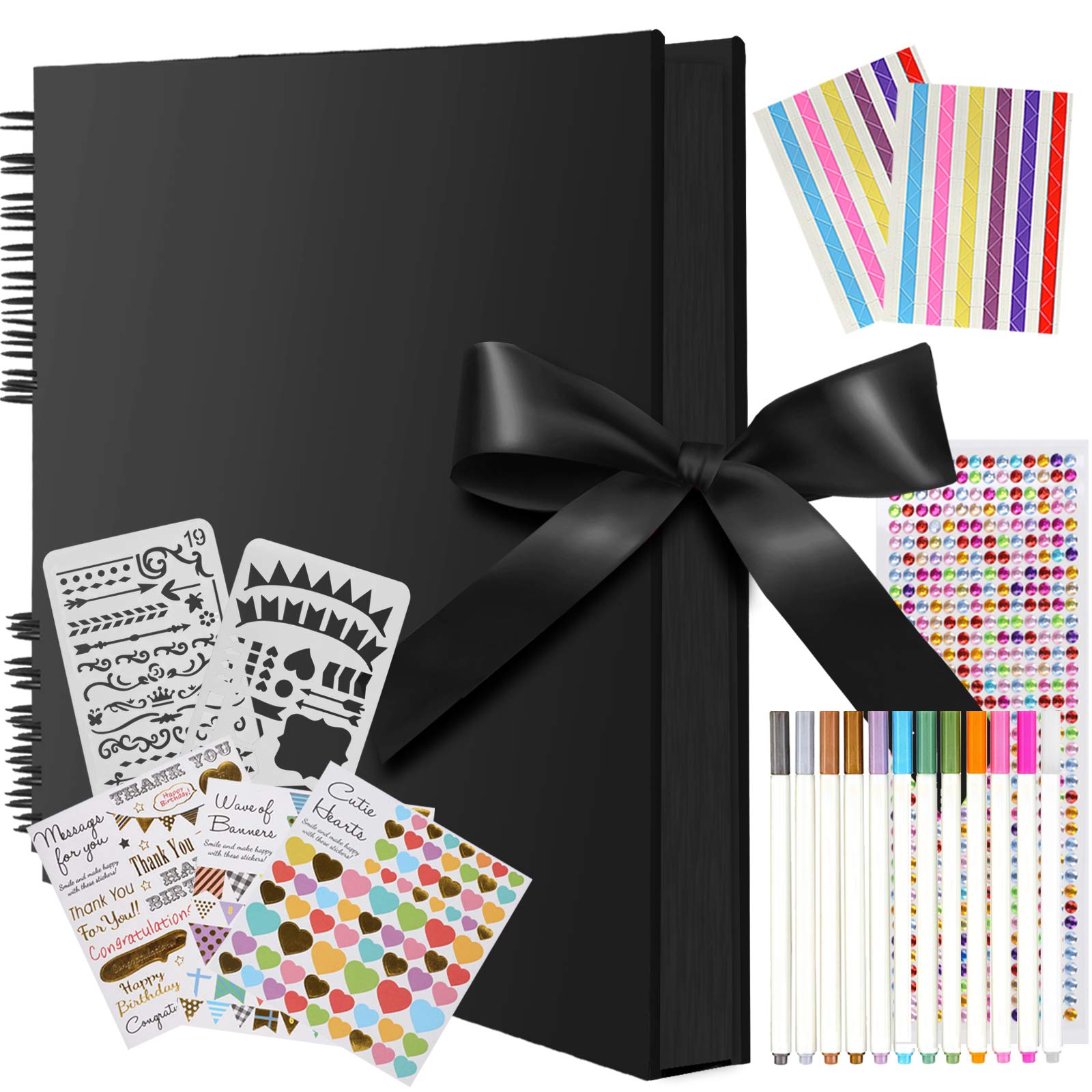 Large Scrap Book, funvce 12"x 8" Photo Album Scrapbook with 80 Pages Black Craft Paper, DIY Picture Book with Pens, Photo Corners for Adults Memory Book, Square Kids Guestbook