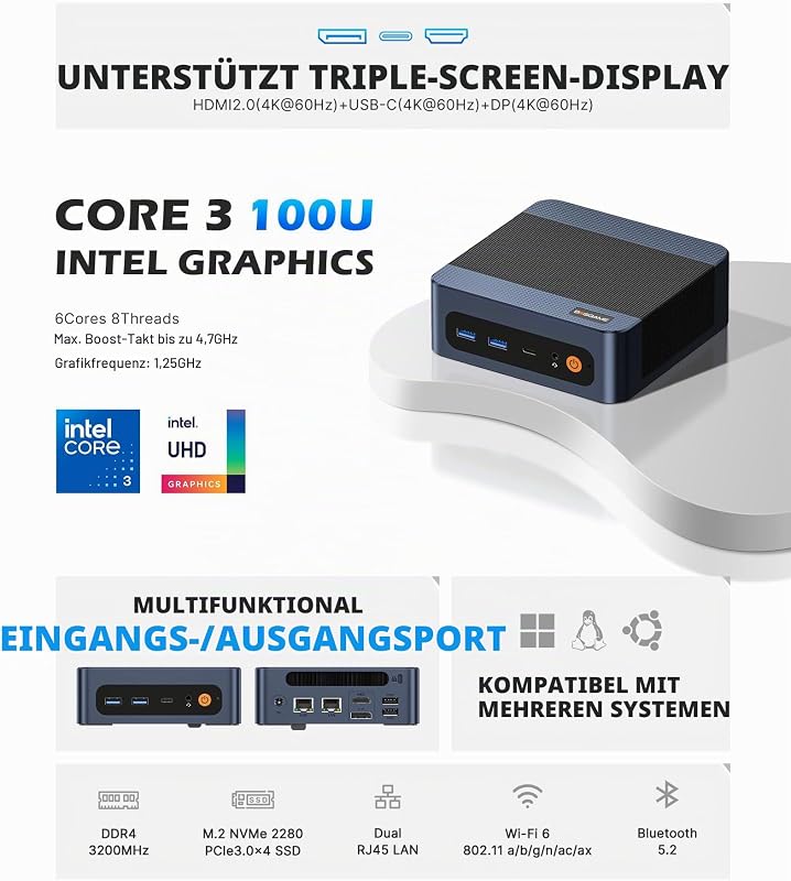 E7 100U Mini-PC mit Intel Core i3, 16 GB DDR4 und 512 GB PCIe 3.0