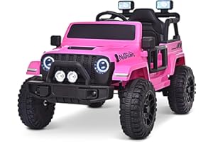 Joywhale 12V Kids Ride on Truck Battery Powered Motorized Car Electric Vehicle for Kids, with Remote Control, 4-Wheel Suspension, LED Lights, Music & FM, Seat Belt, Portable Handle, Pink