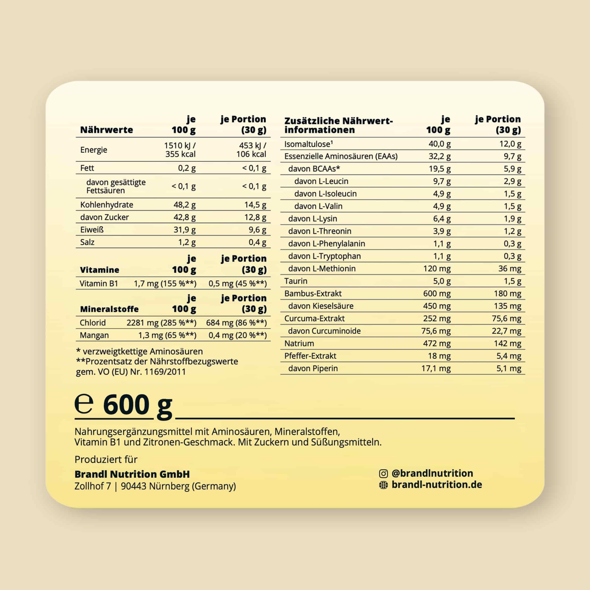 Sport all-in-One Ausdauer-Drink Endurance - hochwertige Elektrolyte, Kohlenhydrate, EAAs & Superfoods - Isotonisches Getränkepulver lemon by brandl® - Electrolytes, Eiweiß - 600g Intrapost Workout 6