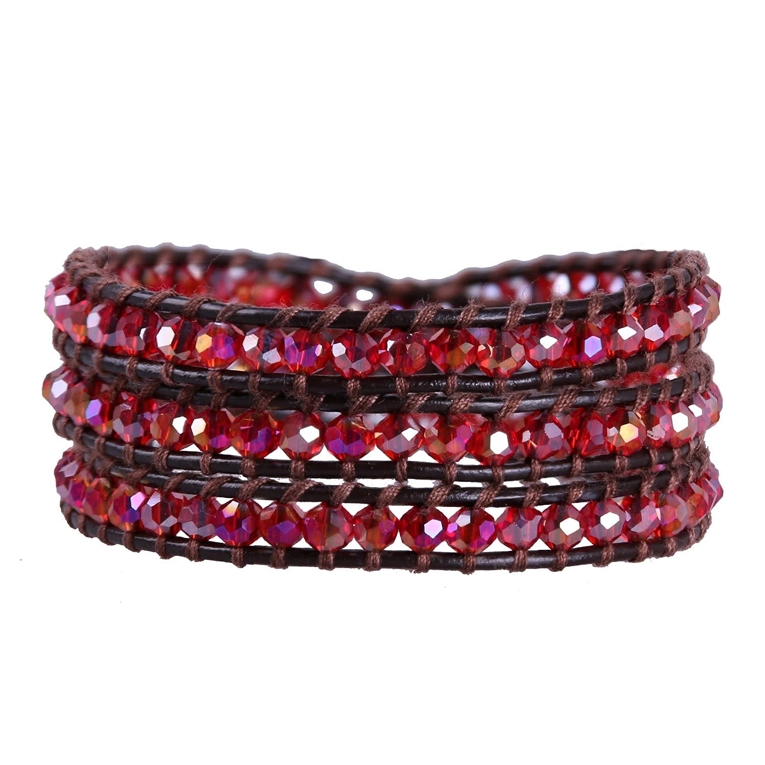 KELITCH Womens Yellow Crystal Beads Adjustable Friendship Bracelets Bangles Handmade Leather 3 Wrap Bracelet (Red)