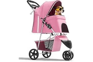Magshion 3-Wheel Pet Stroller, Foldable Travel Jogger for Small & Medium Dogs & Cats (Up to 33lbs), Lightweight Carrier with Breathable Mesh Cover, Cup Holder & Storage Basket, Pink