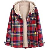 ZAFUL Women's Unisex Casual Plaid Fleece Jacket Hooded Fluffy Lined Button Pocket Coat Drawstring Fuzzy Hoodie
