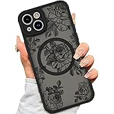 AIGOMARA Case for iPhone 14 [Compatible with MagSafe] Black Flower Floral Pattern Design for Women Girls Soft TPU Bumper Hard PC Back Anti-Fall Shockproof Protective Slim Magnetic Cover