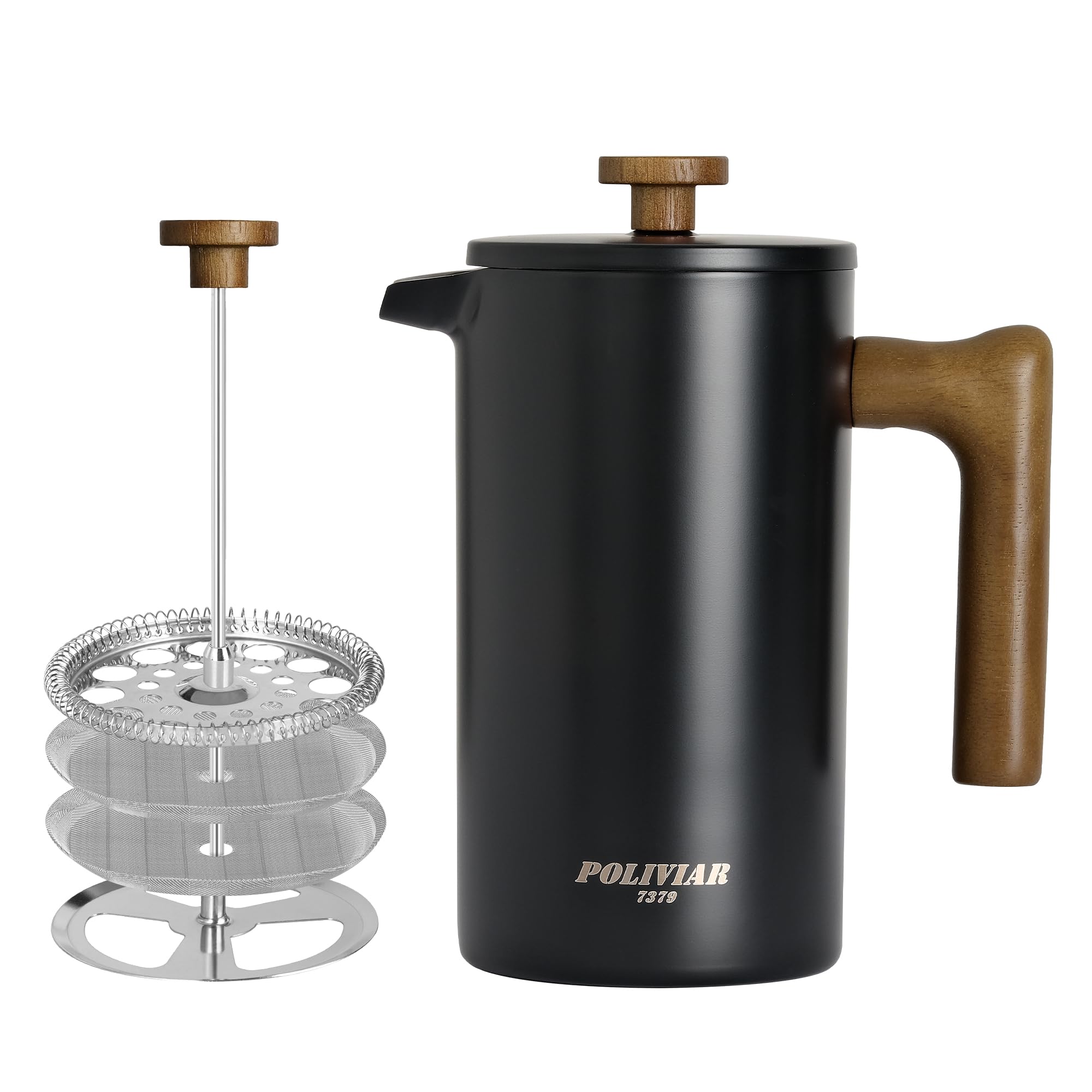 POLIVIAR Cafetiere 8 Cup, French Press Coffee Maker with Wood Handle, Double Walled Insulated Cafetiere &1 Extra Filter, Insulated 1L French Press for Coffee & Tea, Includes 1 Extra Filter