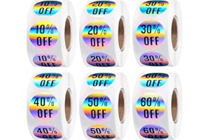 TENARE 3000 Pieces Percent Off Sticker 10 to 60 Percent Off Discount Stickers Labels Adhesive Labels for Retail Store, 7/8 Inch Circle Pricemarker Tag Stickers, 6 Rolls (Bright Style)