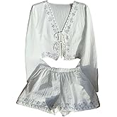 Verdusa Women's 2 Piece Boho Graphic Outfits Tie Front Long Sleeve Blouse and Shorts Clothing Sets