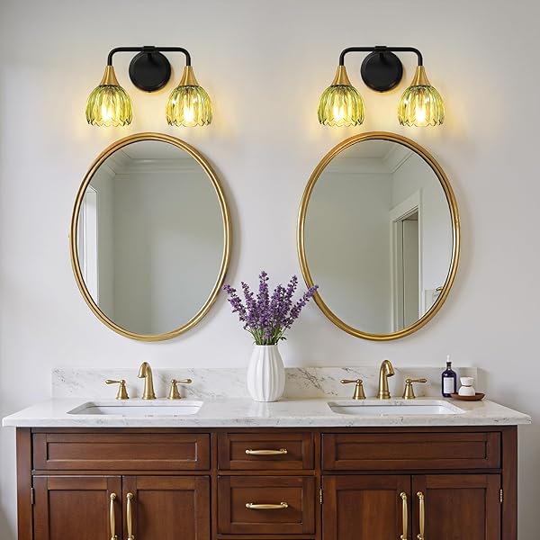 HAHZT BATHROOM VANITY LIGHT FIXTURES: 2-LIGHTS VINTAGE BATHROOM LIGHTS OVER MIRROR WITH RIBBED GREEN TULIP GLASS SHADE – 14 INCH BLACK AND GOLD WALL SCONCE BATH LIGHTING
