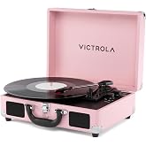 Victrola Journey II - Bluetooth Suitcase Record Player - Pink | Built-in stereo speakers, 3-speed turntable plays 7", 10" and 12" records, Bluetooth in and out, headphone jack