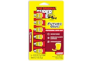 THE ORIGINAL SUPER GLUE Super Glue Future Glue Liquid 6 Mini Single Use Tubes, Clear, Instant Bonding, Fast Dry, Professional Cyanoacrylate Adhesive, Great for Wood, Metal, Plastic, Crafts, Ceramic, and Toy Repairs
