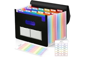 SKYDUE Accordion File Organizer, 12 Pockets File Folders, Letter Size Expanding File Folder with Colored Tabs and Expandable Cover, Portable Bill Receipt Organizer Black