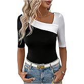 SweatyRocks Women's Y2k Asymmetrical Tops Ribbed Knit Slim Fit Shirts Short Sleeve Going Out Top