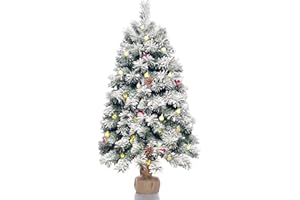 TOPRO Pre-Lit Artificial Christmas Tree 3ft,Snow Flocked Xmas Pine Tree Decorated with 70 LED Lights,140 Branch Tips,7 Pine Cones,10 Red Berries Christmas Snow Tree for Desktop,Battery Powered