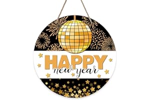 Bolisom Happy New Year 2026 Front Door Sign, Black Gold Disco Ball Firework Star Wood Hanger Outdoor Porch Home Decor, Christmas Winter Celebration Wooden Wreath Indoor Wall Hanging Party Decoration