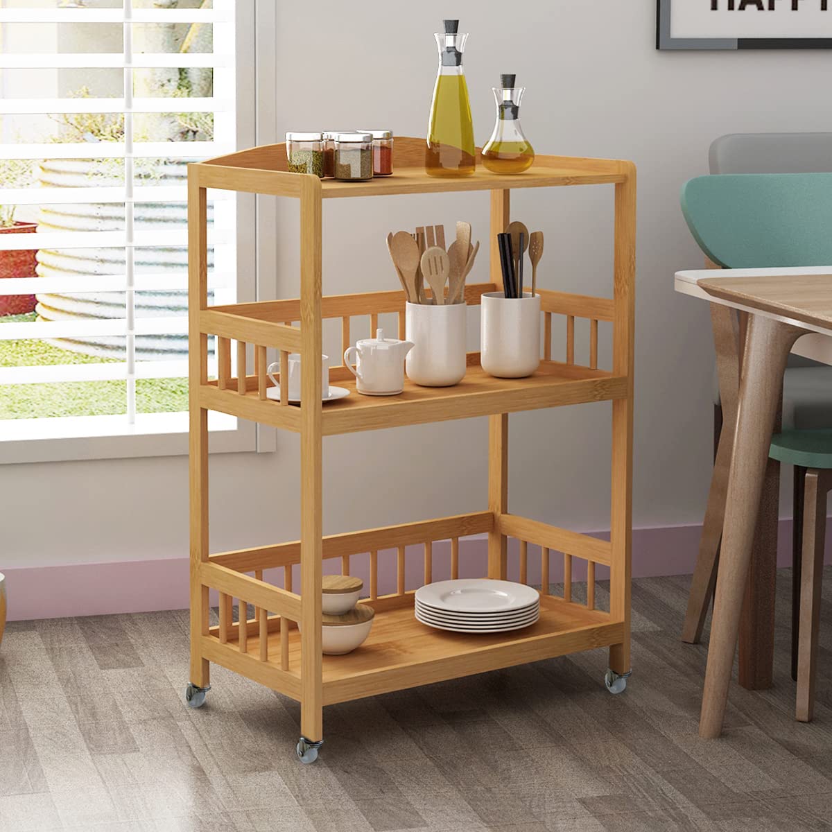SogesHome Kitchen Storage Trolley Cart 3 Tiers Bamboo Kitchen Trolley Cart with Wheels, Mobile Storage Rack,Kitchen Serving Trolley, KS-ZC-05