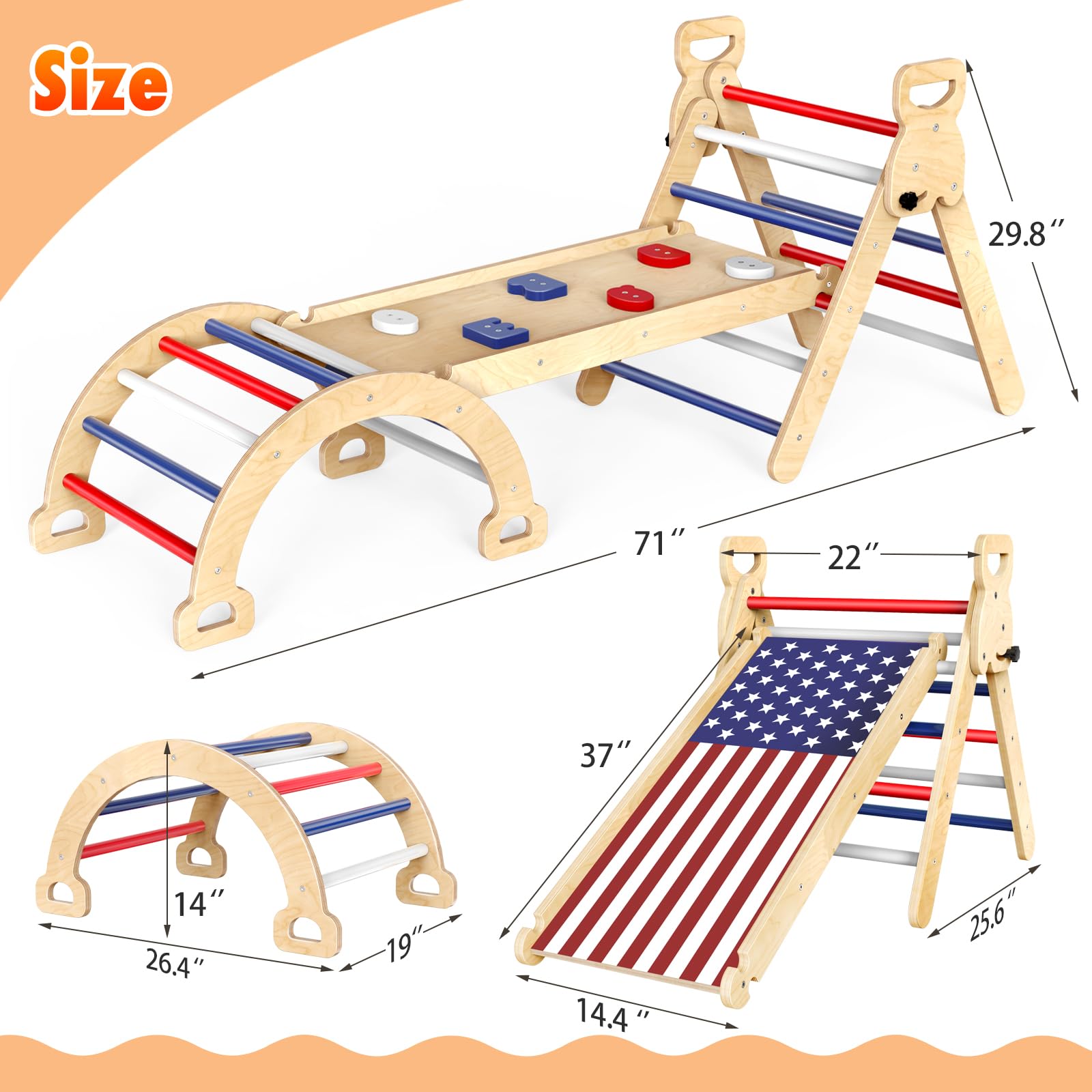 Pikler Triangle Set Flag Style, Wooden Montessori Climbing Set,Foldable Pickler-3-Piece Climbing Gym with Triangle Climbing Frame, Arch, Ramp, Indoor Climbing Toys for Children Aged 1-3