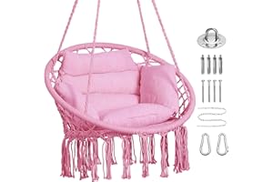 Goutime Hammock Chair, Macrame Hanging Swing Chairs with Cushion and Hardware Kit,Adult Boho Swings for Outside,Patio,Balcony,Bedroom (Pink)