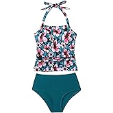 YOURUIKEY Girls Tankini Swimsuit 2 Piece Halterneck Bathing Suit Adjustable Straps and Removable Bra for Girls and Teen 7-16Y
