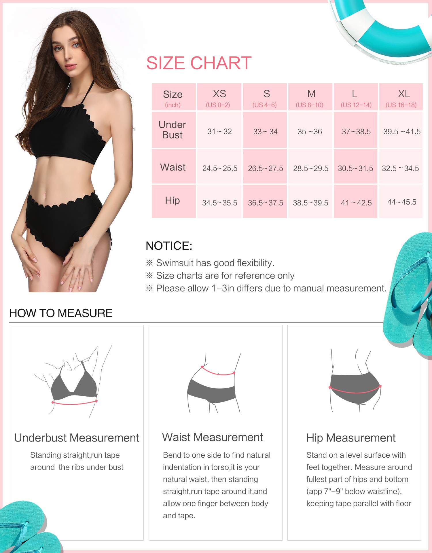 Verano Playa Women\'s Swimsuits High Neck Halter Bathing Suits Two Piece Floral Printed Bikini Set with Wave Edge Black