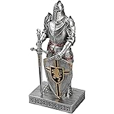 HDMbigmi King's Guard Knight with Shield Desktop Accessories Statue Medieval Knight Ornament Paperweight for Office and Home Top Collection as Gift 12.60 Inch (Silver)