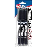 Avery&reg; Marks A Lot&reg; Permanent Markers, Bullet Tip, 3 Black Markers | Labeling Boxes, Signs, Sports Gear, Warehouse and Office Use, Multi-Surface Marking, Pen Style for Comfortable Grip