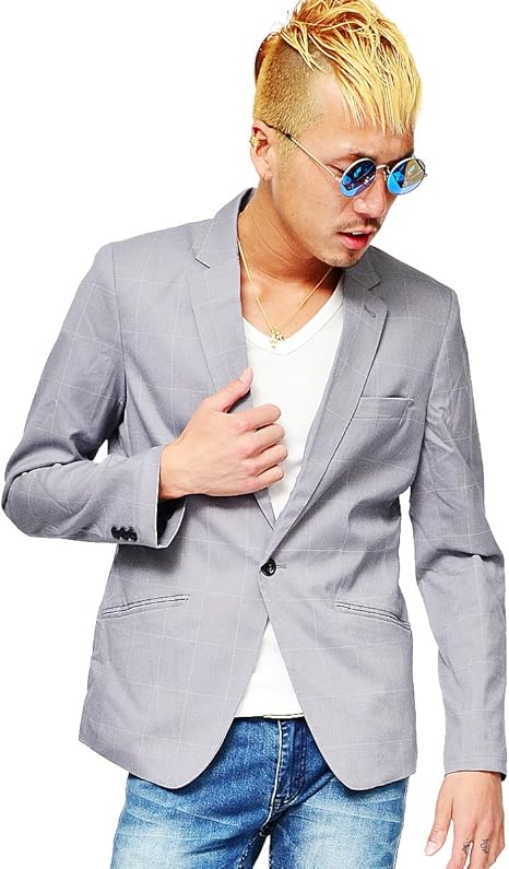 Amazon ビーノ Beno テーラード メンズ テーラードジャケット ストライプ ジャケット オシャレ 細身 スーツ ショート丈 1b 1ボタン L グレーチェック 14 コート ジャケット 通販