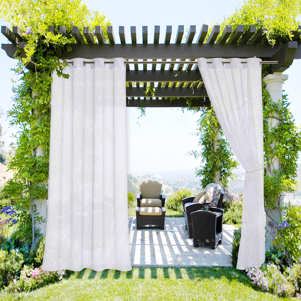NICETOWN Waterproof Patio Curtain Sheer Texture for Outdoor Living, Rustproof Silver Grommet Indoor Outdoor Curtain Sheer Drape with Rope Tieback, 1 Panel, W54 x L84, White