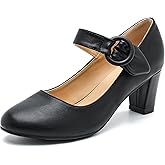 LIURUIJIA Women's Block Chunky Heels Pumps Ankle Strap Mary Janes Casual Dressy Shoes for Vintage Office Work Church Wedding Black Matte 9