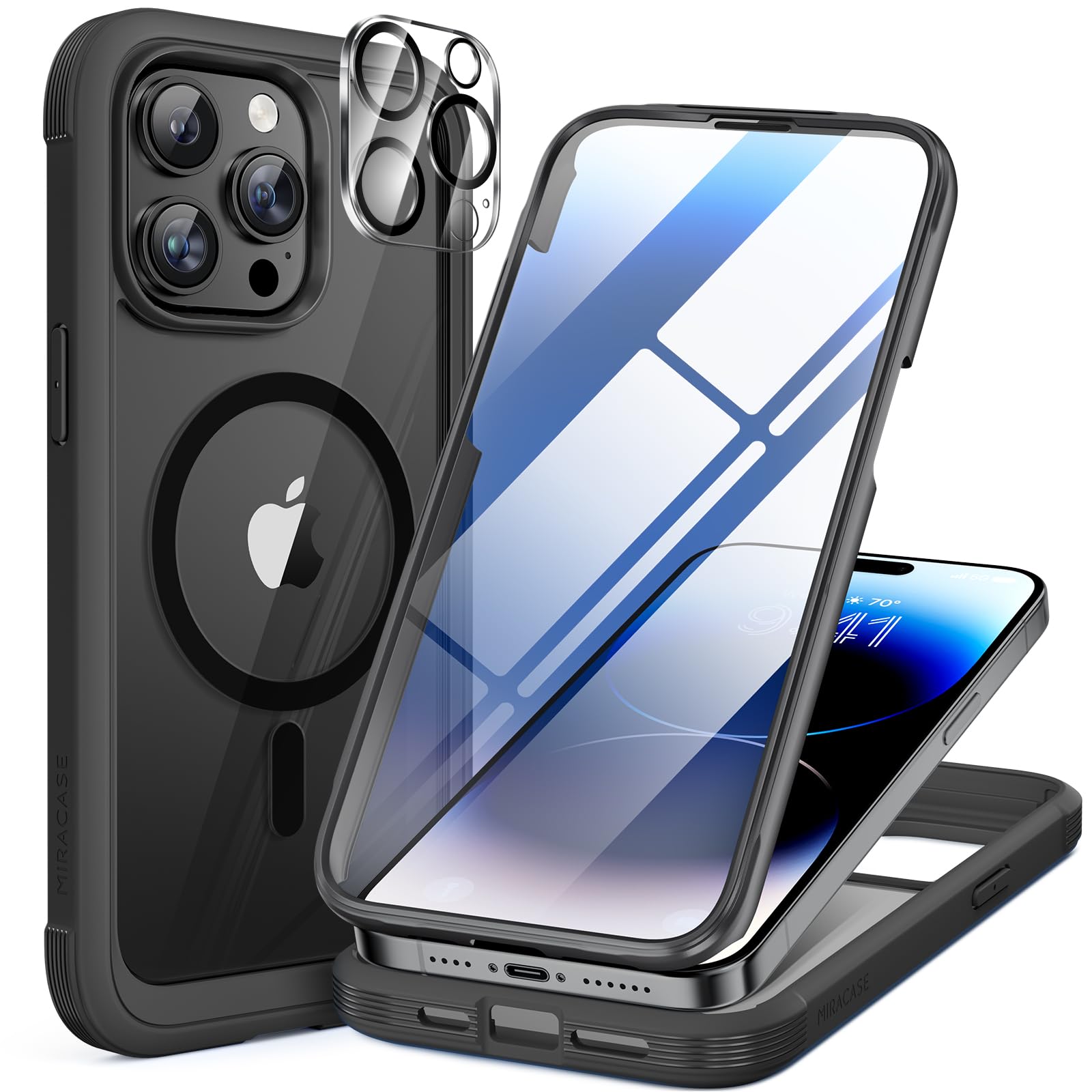 Miracase Magnetic Case for iPhone 15 Pro Case 6.1-Inch, Full Body Bumper Case Compatible with MagSafe and Built-in 9H Tempered Glass Screen Protector + Camera Lens Protector (Black)