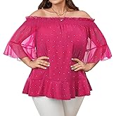 SCOMCHIC Women's Plus Size Off The Shoulder Tops Half Sleeve Chiffon Blouse Ruffle Cocktail Party Evening Shirts