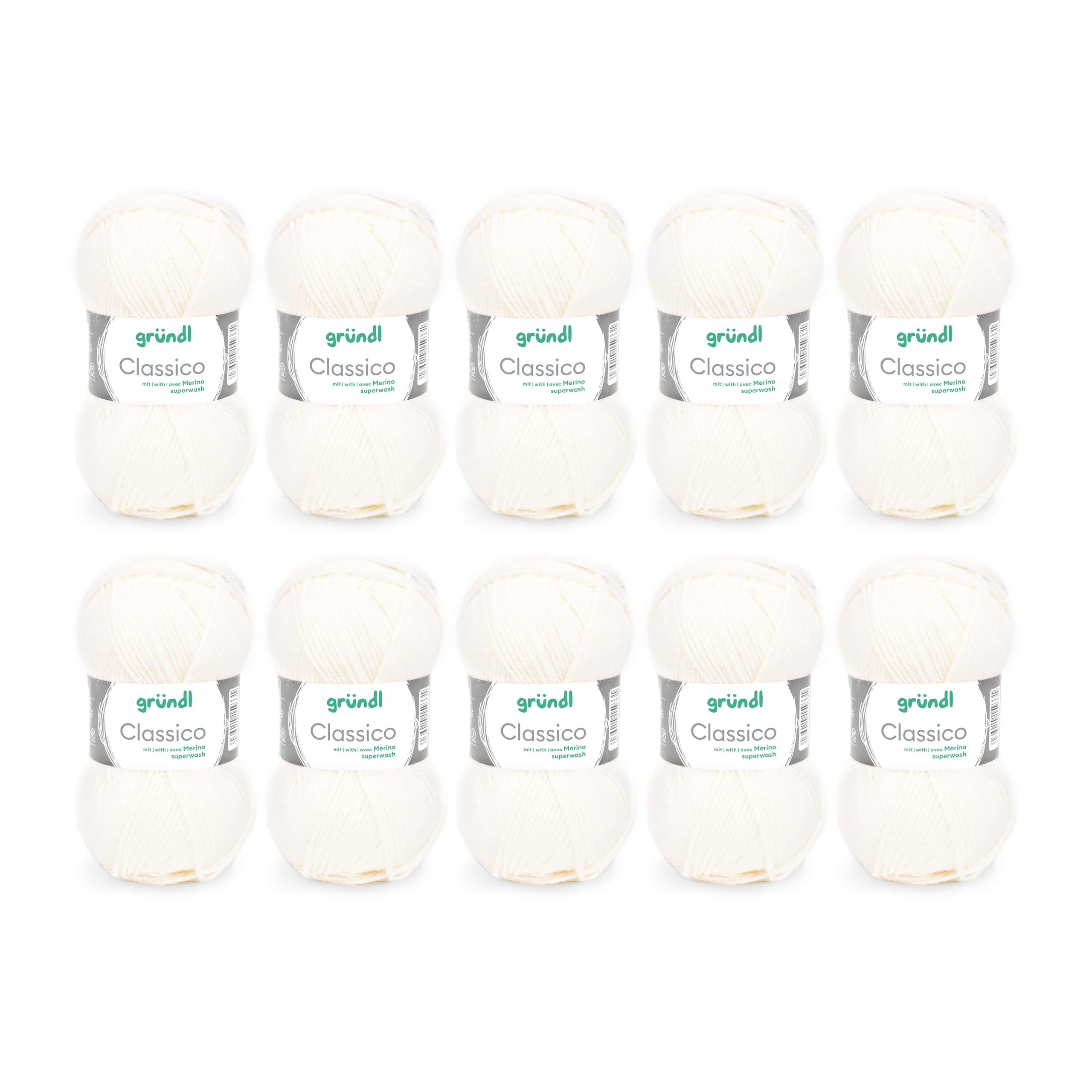 Gründl Classico Wolle (OEKO-TEX® certified knitting/crochet yarn made of 50% pure new wool (Merino superwash) & 50% polyacrylic, 50 g/120 m, needle size: 3.5-4.5, 10 balls á 50 g), White