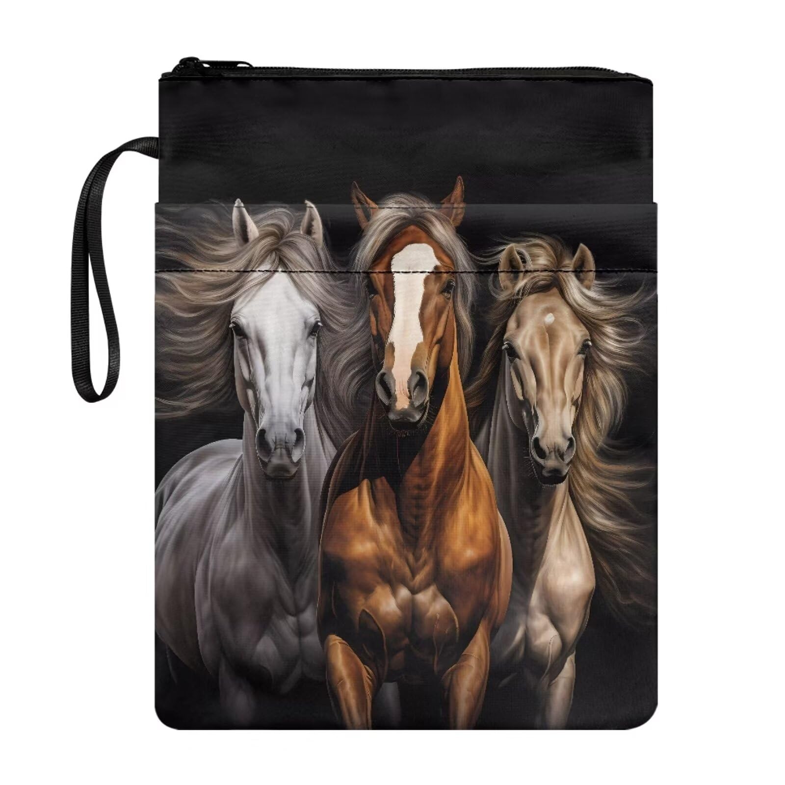 chaqlin Black Animal Horse Book Cover Case for Girls Boys School Book Bags Portable Book Sleeve Pouch Animal Printed Book Cover Organizer for Hardcover Paperbacks